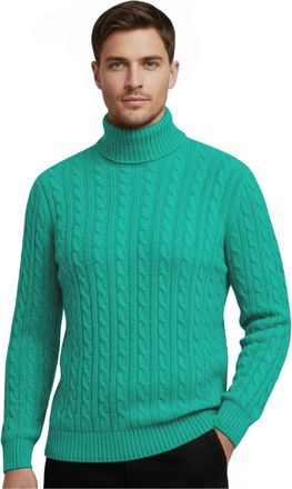 Janisramone Mens High Polo Roll Neck Jumper, Long Sleeve Cable Knitted Pullover Winter Jumpers for Men UK, Casual Turtle Neck Sweaters Jade Green