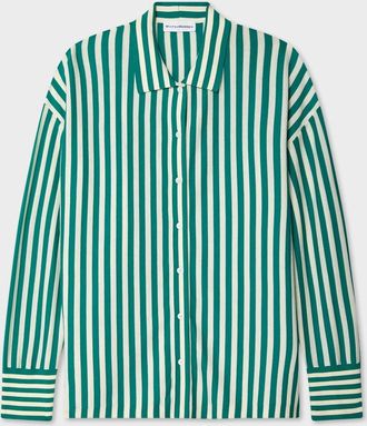 White + Warren Womens Superfine Organic Cotton Striped Shirt In Teal Green/white