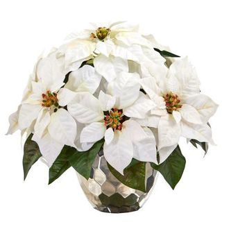 Nearly Natural 14-in Poinsettia Artificial Arrangement in Designer Silver Bowl in White at Nordstrom