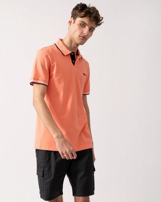 HUGO BOSS Paul Mens Short Sleeve Polo Shirt With Contrast Tipping - Orange Cotton - Size Medium
