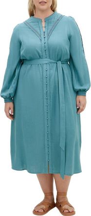 City Chic Mysteria Long Sleeve Button Front Dress in Blue at Nordstrom, Size Xxl