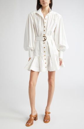 Zimmermann Belted Long Sleeve Cotton Utility Minidress in Ivory at Nordstrom, Size 0P