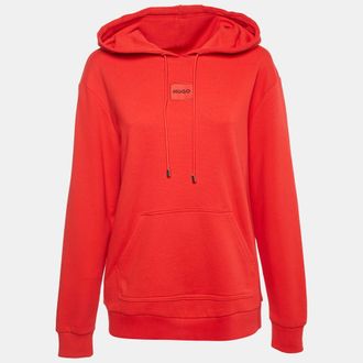 HUGO BOSS Red Logo Applique Cotton Knit Hooded Sweatshirt S