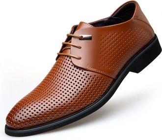 Generic Oxford Shoes for Men Lace Up Derby Shoes Round Toe Faux Leather Block Heel Anti-Slip Non Slip Party(Hollow Brown,7.5 UK)