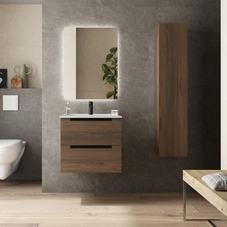 Cygnus Bath Mueble De Ba&ntilde;o Leni 60cm Nogal 2 Cajones Lavabo 1 Poza Porcelana