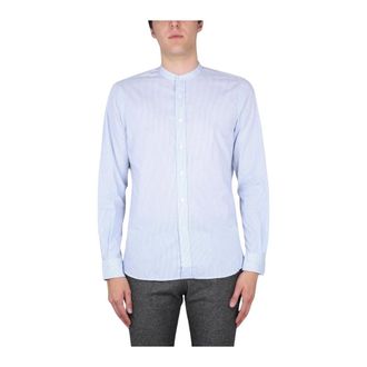 Aspesi Band Collar Stripe Button-Up Shirt - Heren - Overhemden - Blauw - Maat: XL Katoen