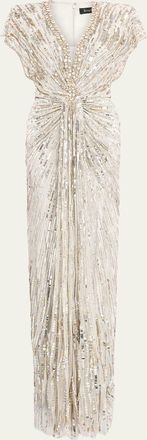 Jenny Packham Lacie V-Neck Cap-Sleeve Beaded Gown