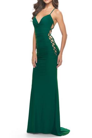 La Femme Unique Jersey Dress with Open Criss Cross Sides in Emerald at Nordstrom, Size 00