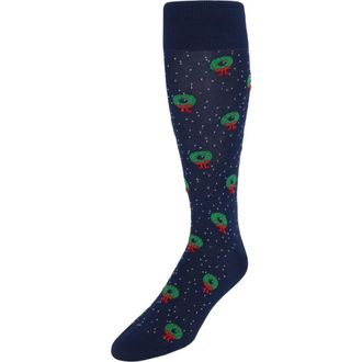 Trafalgar Store Deck The Halls Holiday Wreath Over The Calf Mercerized Cotton Socks in Navy Blue at Nordstrom