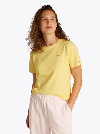 Tommy Hilfiger T-Shirt TOMMY HILFIGER REG CONTRAST FLAG SS TEE, Damen, Gr. XS (34), citronella, Single Jersey, Obermaterial: 100% Baumwolle, unifarben, regular fit h