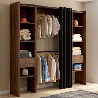 IDMarket Meryl 120/180 X 50 X 180 Cm Nogal Armario Doble Extra&iacute;ble Con Estantes + Doble Espacio Para Colgar + Cortina Negra