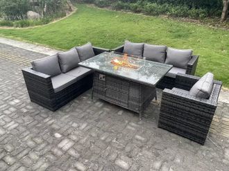 Fimous Outdoor Rattan Garden Furniture Sofa Set Gas Fire Pit Dining Table Gas Heater Burner Armchair 7 Seater in Dark Grey