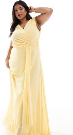 Tfnc Plus Vestito lungo da damigella a portafoglio in chiffon color limone-Giallo