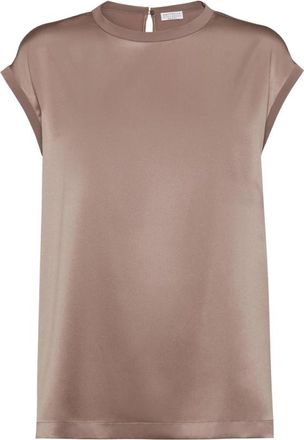 Brunello Cucinelli Taupe Crew Neck Shirt Korte Mouwen - Dames - Blouses - Beige - S - Overhemden