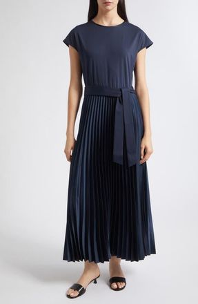 Max Mara Tie Waist Pleated Satin Maxi Dress in Navy at Nordstrom, Size X-Large