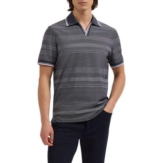 Bugatchi Textured Stripe Johnny Collar Polo in Navy at Nordstrom, Size Xx-Large
