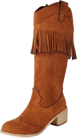 Generic Womens Western Boots with Fringe, 5Cm Block Heel Suede Knee-High Boots with Stud Details Comfortable Cowboy Boots Large Size Round Toe Slip-On Shoes f