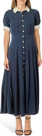 English Factory Short Sleeve Pleated Midi Shirtdress in Navy/White at Nordstrom Rack, Size X-Small