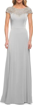 La Femme Jersey Gown with Full Skirt and Lace Detail Top in Silver at Nordstrom, Size 10