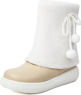 Generic Womens Flat Heel Platform Boots with Bow Round Toe Winter Short Boot PU Leather Ankle Boots with Side Zipper,Apricot,5.5 UK