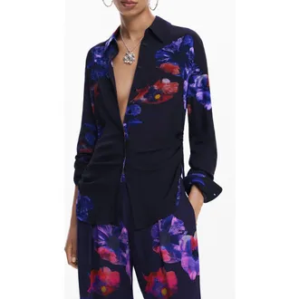Desigual Ocasa Floral Button-Up Shirt in Black at Nordstrom, Size Small