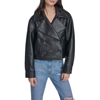 Levi's Double Breasted Faux Leather Crop Trench Coat in Black at Nordstrom, Size X-Small