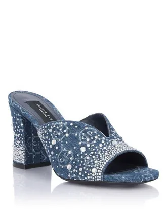 Philipp Plein Denim Mid Heels Platform Sandals Monogram Strass Women in Lightblue at Nordstrom, Size 39