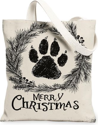 Generic Christmas Paw Print Canvas Tote Bags, Animal Design Reusable Grocery Bags, Rustic Lightweight Washable Shoulder Strap, Beige, 13x15 Inch