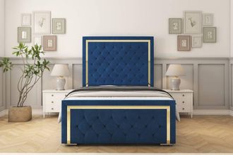 Sloomy Sofia Gold Plush Bed Frame With 50 Upholstered Headboard in Navy | Size: Double