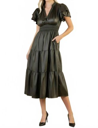 THML Clothing Flutter Sleeve Leather Midi Dress In Green