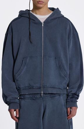 Jaded London Zip Front Denim Wash Distressed Hoodie in Blue at Nordstrom, Size Xx-Large