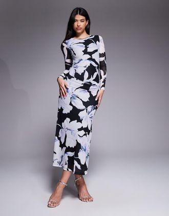 Forever New Vestito lungo in tessuto a rete a fiori color nero e blu-Multicolore