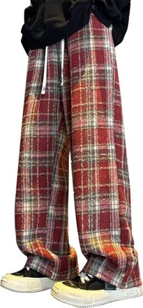 Generic Checkered Sweatpants Men Winter Trousers For Men Uk Relaxed Fit Tartan Pattern Bottoms Straight Leg Lightweight Pants Elastic Waist Outdoor Jogging Sp