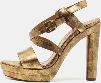 Ralph Lauren Metallic Gold Leather Estrid Platform Ankle Strap Sandals