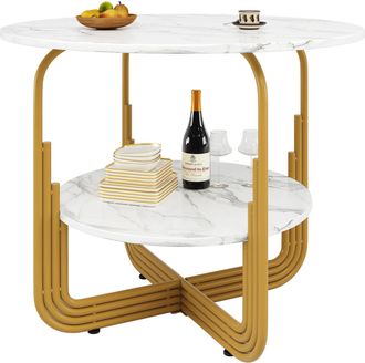STILVORA Mesa De Comedor Redonda Para 4 Personas En Mdf Con Espacio De Almacenamiento, Motivo Marmoleado, Patas Ajustables - 80&times;80&times;76 Cm, Dorado