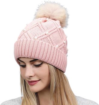 Generic Womens Warm Winter Hat Woolly Knitted Beanie with Detachable Chunky Faux Fur Bobble Pom Pom Pink
