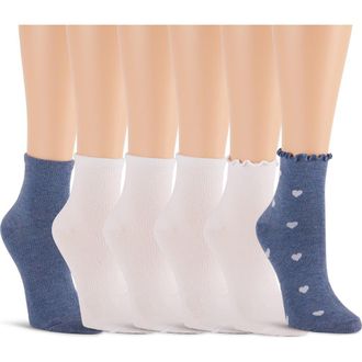 Shelli Segal 6-Pack Assorted Lettuce Edge Anklet Socks in Denim Heather/White at Nordstrom Rack, Size 9/11