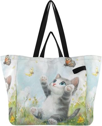 Generic Butterfly Cat White print Reusable Canvas Tote Bag, Heavy Duty Grocery Shopping Bag with Hard Bottom Double Handles Large Capacity Work Groceries Trav