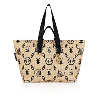 Philipp Plein Tassen, Dames, Beige, ONE Size, Katoen, Wicker Tote Bag Monogram