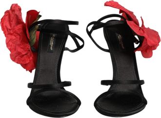 Dolce & Gabbana Black Leather Strappy Flower Heels Sandals Womens Shoes