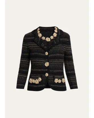 Teri Jon Crochet Floral Applique Striped Knit Jacket