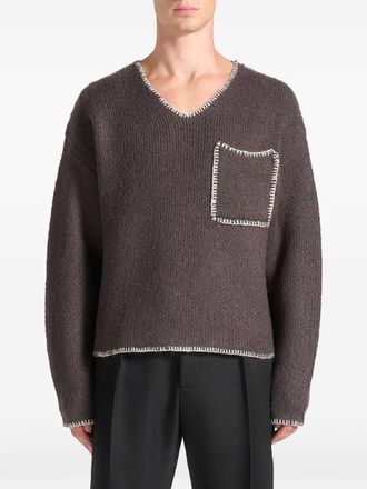 Mani&egrave;re De Voir whipstitch v-neck sweater - Brown