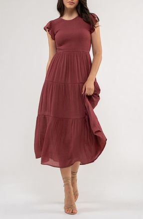 Blu Pepper Flutter Sleeve Smocked Tiered Midi Dress in Raspberry at Nordstrom Rack, Size Medium