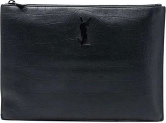 Saint Laurent 2013 Croc Embossed Leather Monogram Zip Pouch clutch bag - Nero
