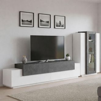 Dmora Pared Equipada Djazir, Conjunto De Sal&oacute;n Con Soporte Tv, Mueble Sal&oacute;n Polivalente, 100% Made In Italy, Cm 280x45h121, Blanco Brillo Y Pizarra - Dmora