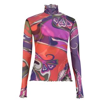 Pucci Long Sleeve Tops, female, Multicolor, Size: 2XS Orchidee Print Tulle Top