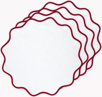 Solino Home Linen Placemats Set of 4, 16 Inch Round for Dining Table, Holiday and Everyday Table Decor - Giselle Scallop Edge in Red And White at