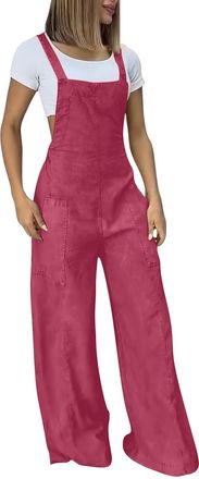 Generic Womens Solid Color Overalls Fashionable Casual Suspender Long Jumpsuit Pocket Denim Long Sleeve Jumpsuit (Hot Pink, M)
