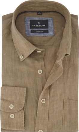 Casamoda 100% linnen overhemd casual fit Casa Moda bruin lange mouw witte knoop