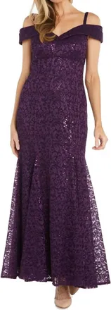 R & M Richards Off The Shoulder Fishtail Evening Gown In Plum